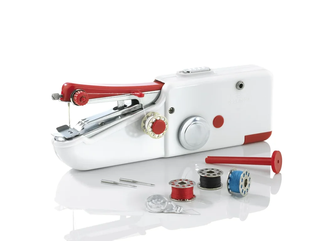 Mini hand sewing machine, compact, white/red