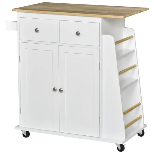 "Kitchen trolley with wheels, serving trolley with spice rack, kitchen aid, P2 MDF, rubberwood, white+natural, 89 x 45 x 89.5 cm image"