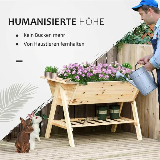 "Raised bed planter flower box flowerpot with drainage holes nonwoven fabric fir wood natural 129 x 78.5 x 82.5 cm image"