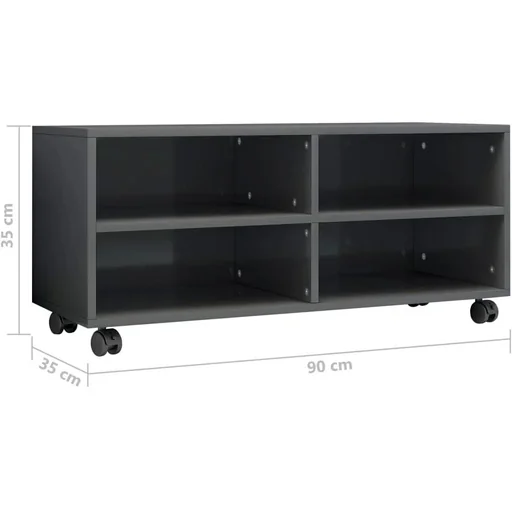 "High-gloss grey TV cabinet on castors 90x35x35 cm chipboard image"