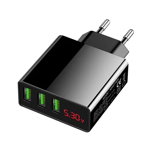 "3-way USB charging adapter with integrated quick charge function and LED display image"