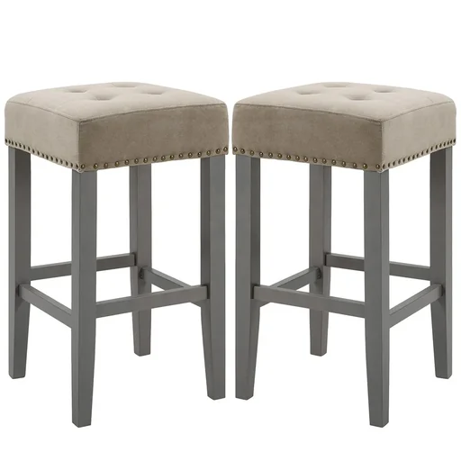 "Set of 2 bar stools dining room stools with footrest breathable polyester fabric rubber wood foam grey 38.5 x 38.5 x 6 image"