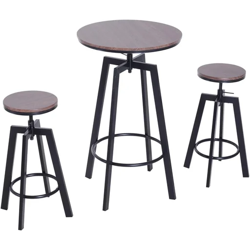 "3-piece dining set, dining table, wooden table, dark natural wood look with 1 table + 2 stools image"