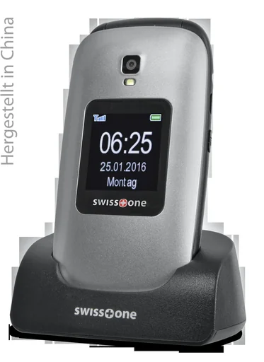 "Senior flip phone BBM 625 silver-black, large 2.4" color display, additional 1.4" external display, emergency call button image"