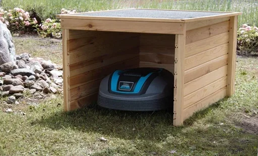 "Robotic lawnmower garage with bitumen roof, natural image"