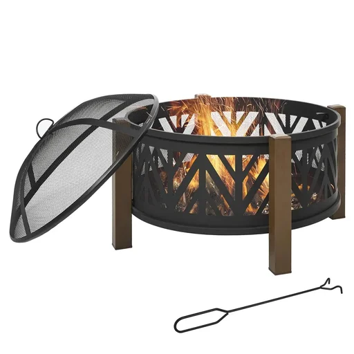 "2-in-1 fire bowl fire basket fire pit with spark guard grill grate garden BBQ black+brown 78 x 60H cm image"