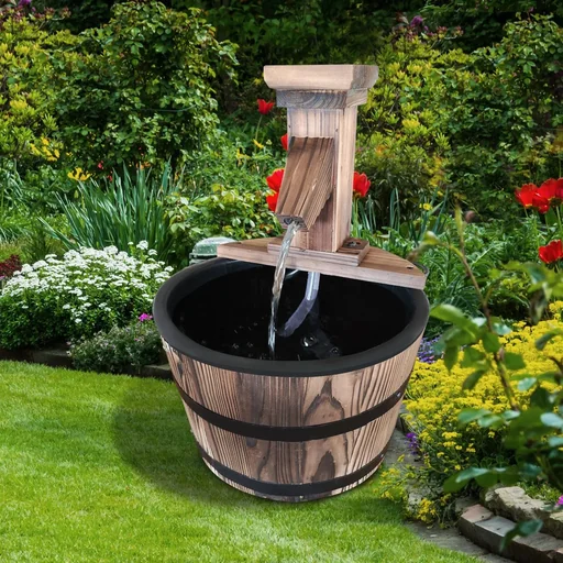 "Garden fountain, ornamental fountain, barrel fountain, waterfall, wooden barrel, dark brown, 27 x 37 cm image"