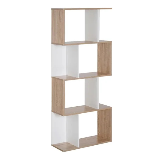 "Bookshelf S-shaped standing shelf storage rack 4-tier display cabinet with hardware buckle modern room divider particle board Nat image"