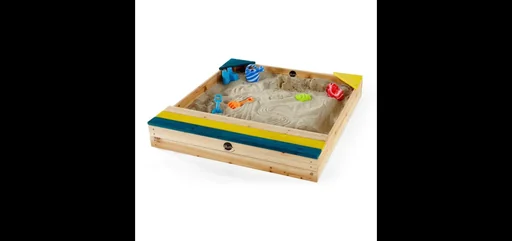 "Wooden sandpit with storage box, outdoor sandpit for children made of wood, bench, seating area, colorful image"