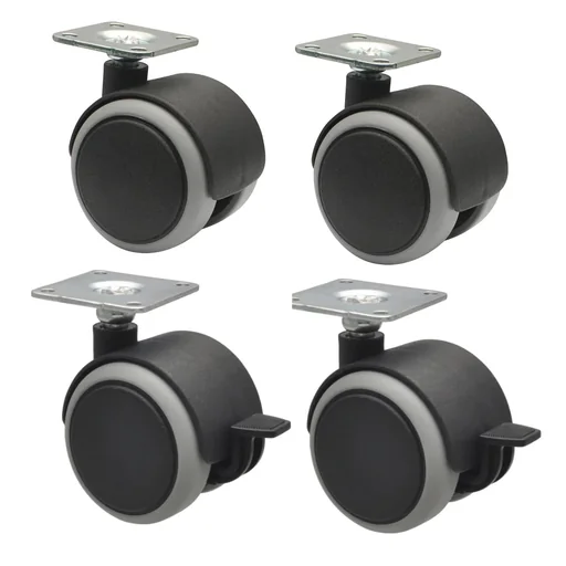"Furniture castors/double castors 4-piece - Ø 50 mm, soft running surface, plate 42 x 42 cm, 2 with brakes, load capacity 50 kg/castor image"