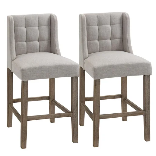 "Set of 2 bar stools, modern kitchen chairs, bar stools for kitchen with low backrest, linen touch, rubber wood, beige, 47 x 5 image"