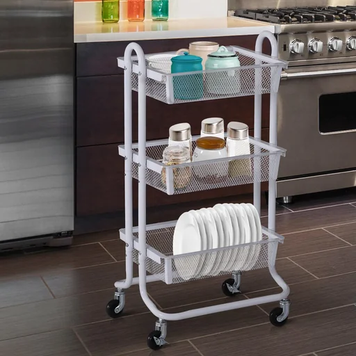 "All-purpose trolley all-purpose shelf with wheels kitchen trolley kitchen shelf metal shelf trolley 3 x basket carbon steel white image"