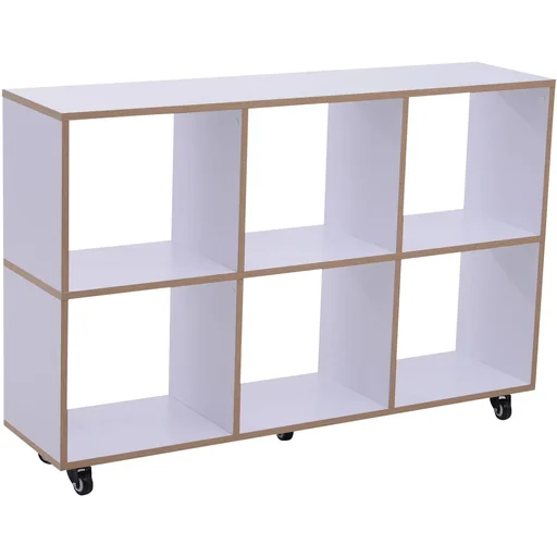 "6 compartments rolling shelf bookcase standing shelf with 5 wheels wood white 120 x 30 x 80 cm image"