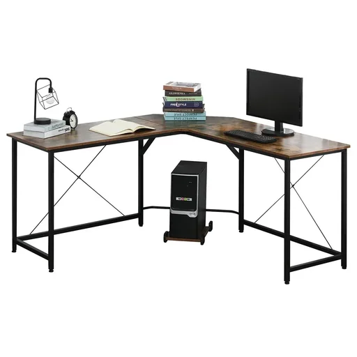 "Computer desk, L-shaped corner desk, writing desk, office table, E1 chipboard + metal, black + brown, 150 x 150 x 75 image"