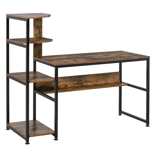 "Desk Bookshelf Computer Desk Office Table with 4 Shelves Adjustable E1 Chipboard Metal Frame Black+Rustic image"