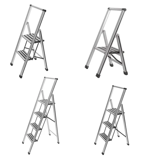 "Aluminium design folding stepladder 4-step silver, non-slip household ladder, safety stepladder image"