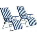 2 x folding chairs sun lounger armrest foldable blue/white