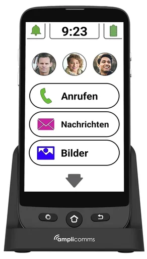 "Senior Smartphone M510-C with charging cradle and lanyard image"