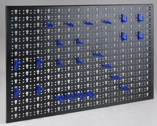 "Perforated metal tool wall with 24 tool hooks image"