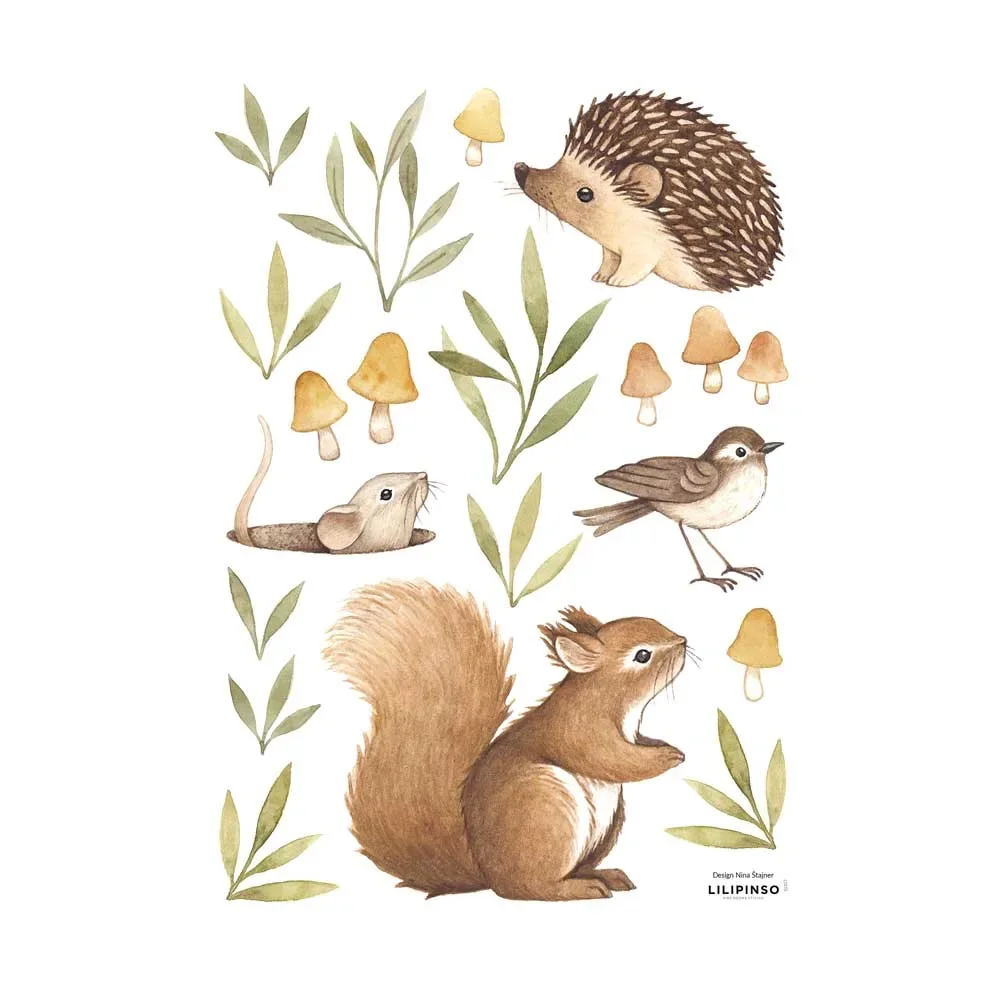 "Lilipinso stickers muraux A3 animaux de la forêt avec champignons marron vert image"