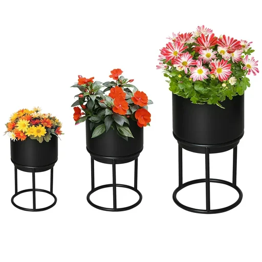 "Set of 3 flower stands with flower pot made of metal plant stand set flower stool flower pot holder plant stool black image"