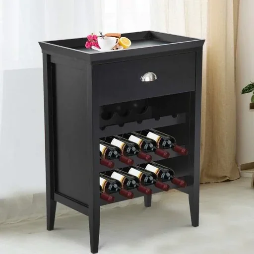 "Wine rack wine cabinet 3 levels 15 bottles with drawer black image"