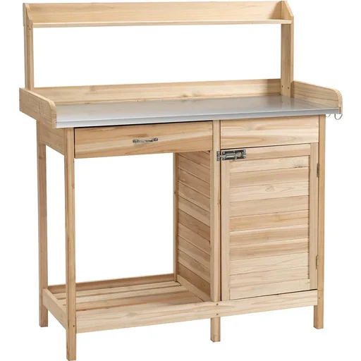 "Planting table with galvanized worktop gardening table with drawer cabinet garden work table solid wood natural 112 x 4 image"