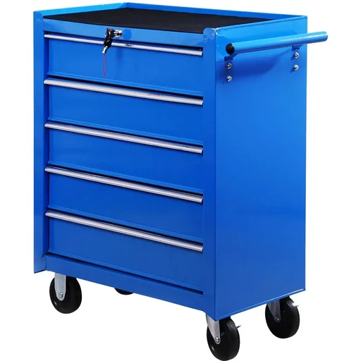 "Mobile lockable workshop trolley with 5 drawers blue image"