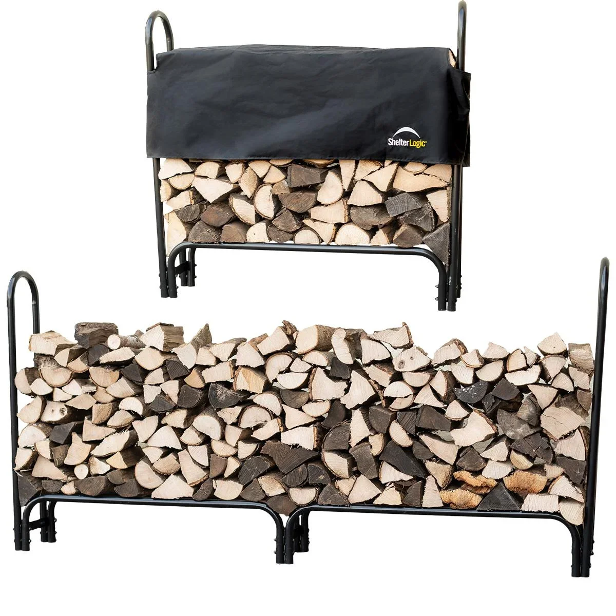 Range-bûches 1000 kg noir, 244×25 cm – Étagère en acier de 2,4 m avec housse, résistante aux intempéries