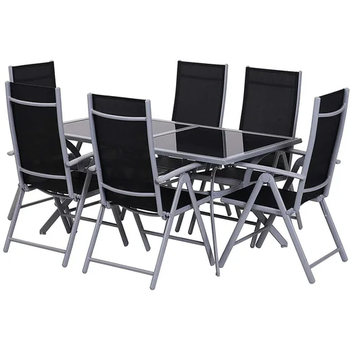 "Aluminium garden table set with black glass top, foldable, with 6 chairs image"