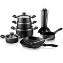 Cast aluminum cooking pot set, 17 pieces, black