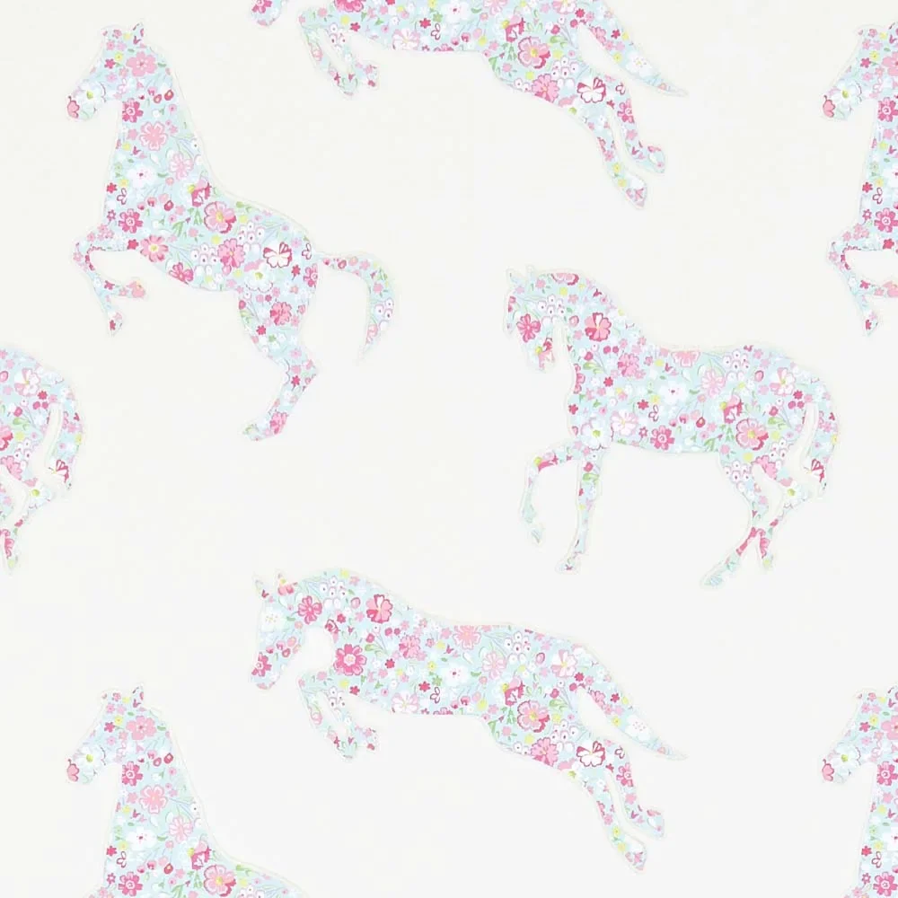 "Little Sanderson Abracazoo papier peint fleurs chevaux crème bleu clair rose image"