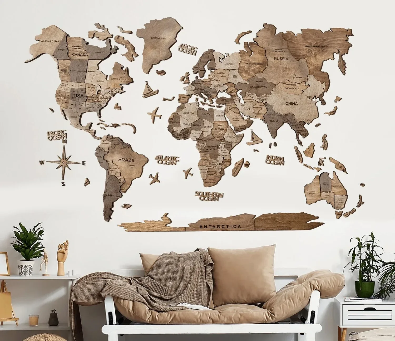 "Carte du monde en bois, Carte du monde, Carte murale 3D - Enjoy The Wood, Terra Prime, Taille de la carte du monde: Xl image"