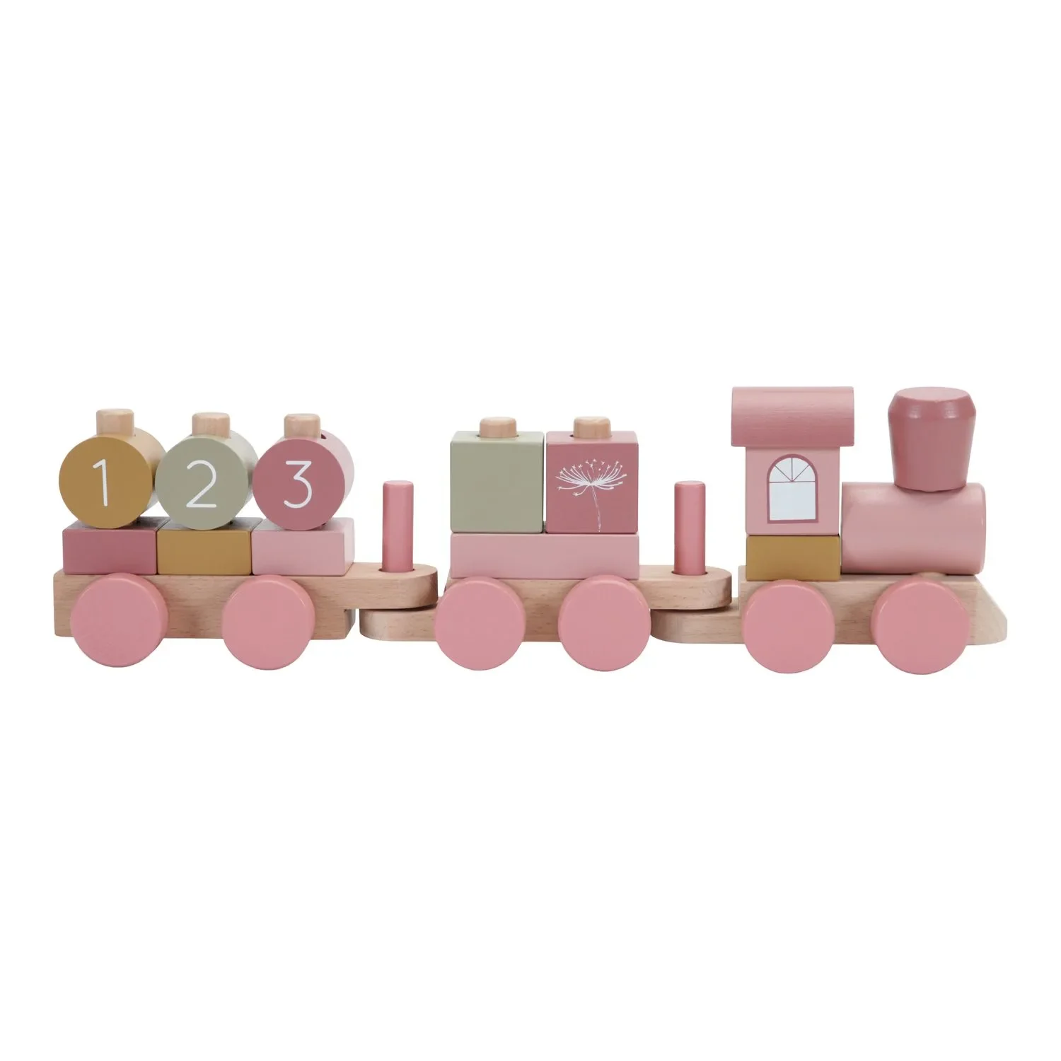 "Little Dutch Train en bois avec formes à encastrer, Wild Flowers - Jeu d'empilage avec formes et chiffres image"