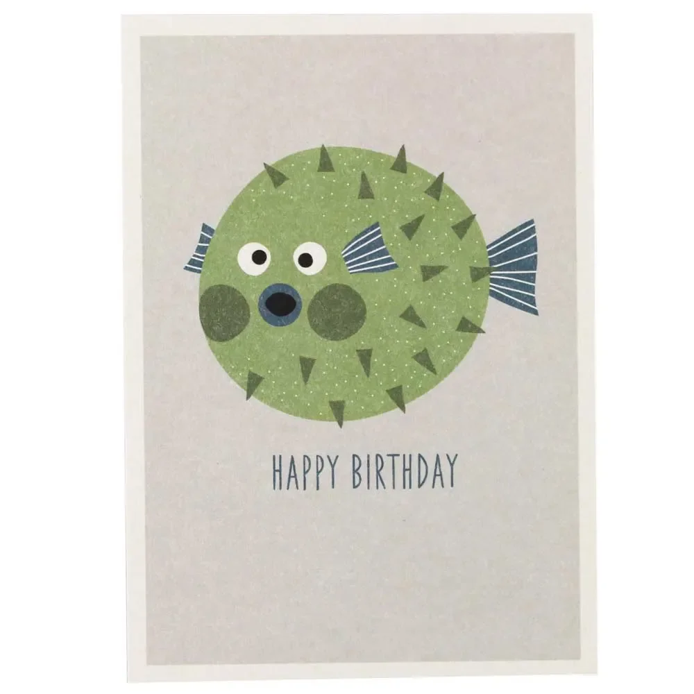 "Ava & Yves Carte postale anniversaire poisson-globe vert image"