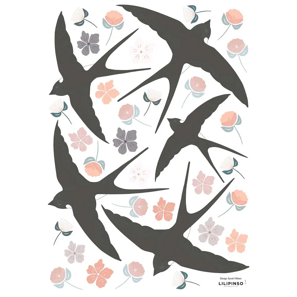 "Lilipinso stickers muraux A3 hirondelles et fleurs noir rose image"