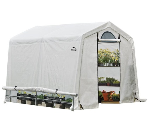"Serre 9 m² blanche, 298×305 cm – serre tunnel accessible avec porte enroulable, résistante aux intempéries image"