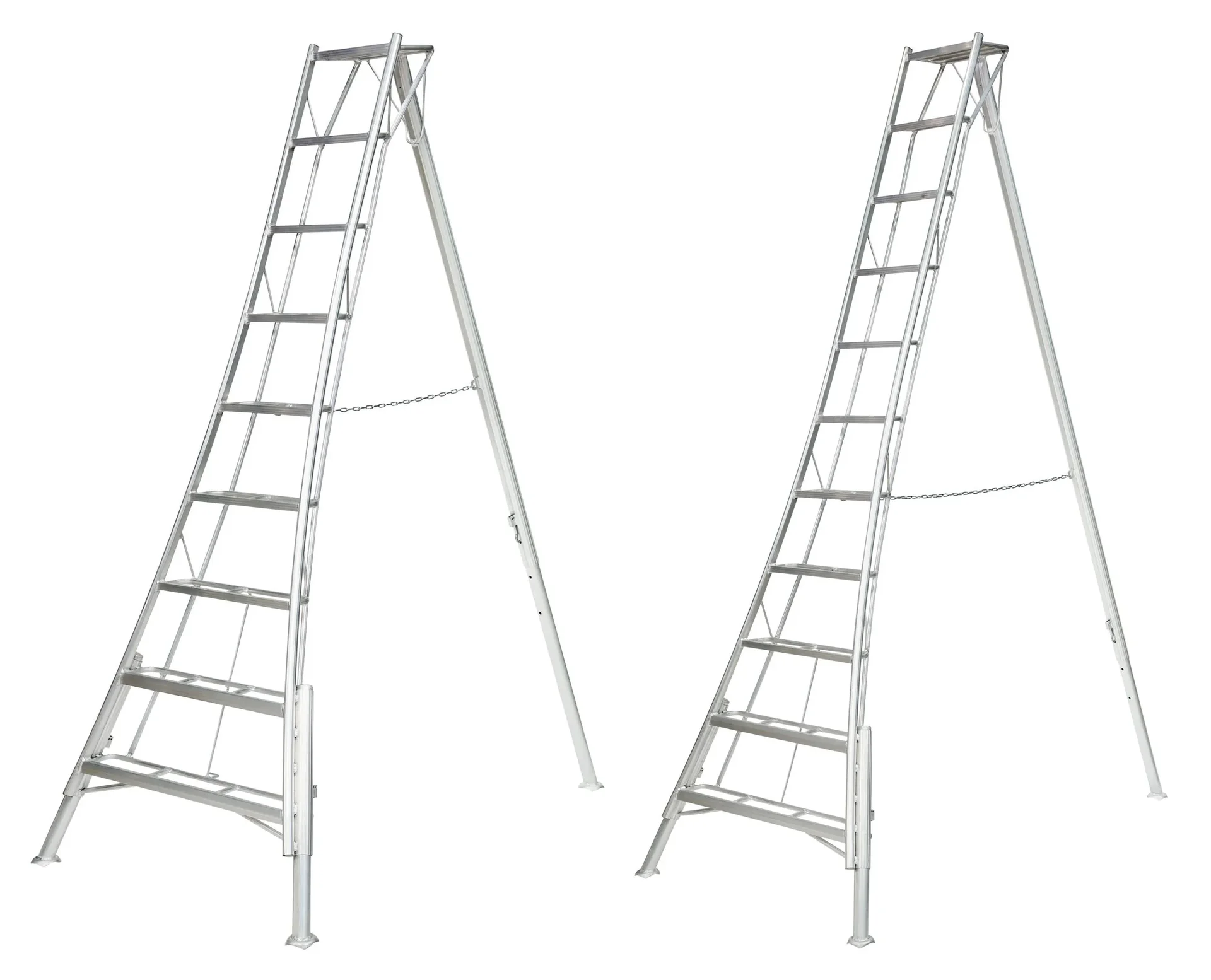 "Échelle de jardin trépied 3-pieds 140×226,5×301 cm Aluminium Argent – pied de support réglable en hauteur image"