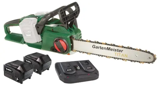 "Set cordless chainsaw + 2 x 4 Ah batteries + double fast charger image"