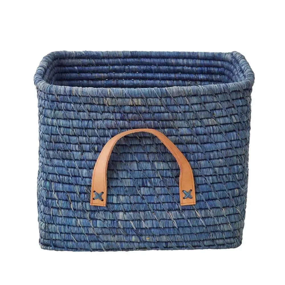 "Rice Panier en raphia poignées en cuir bleu 30 x 30 image"