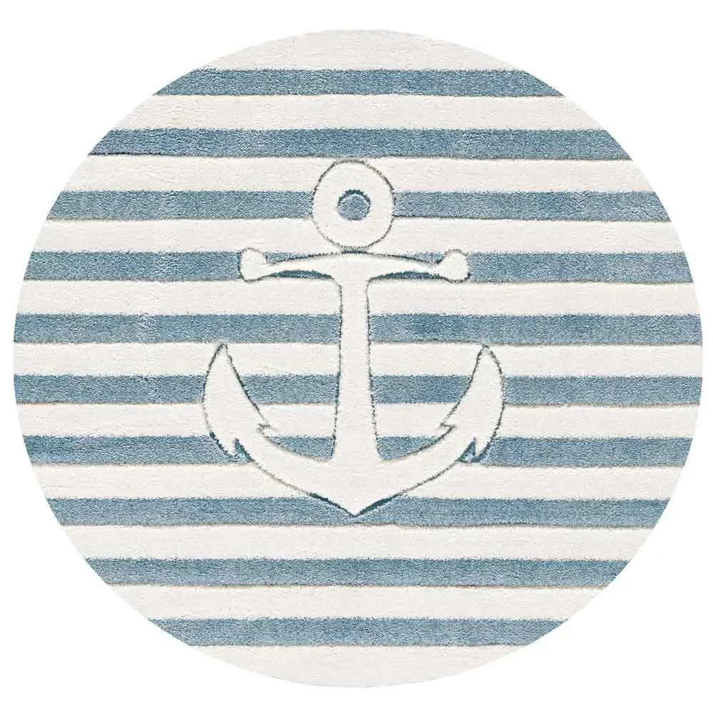 "Livone tapis enfant rond ancre bleu blanc image"