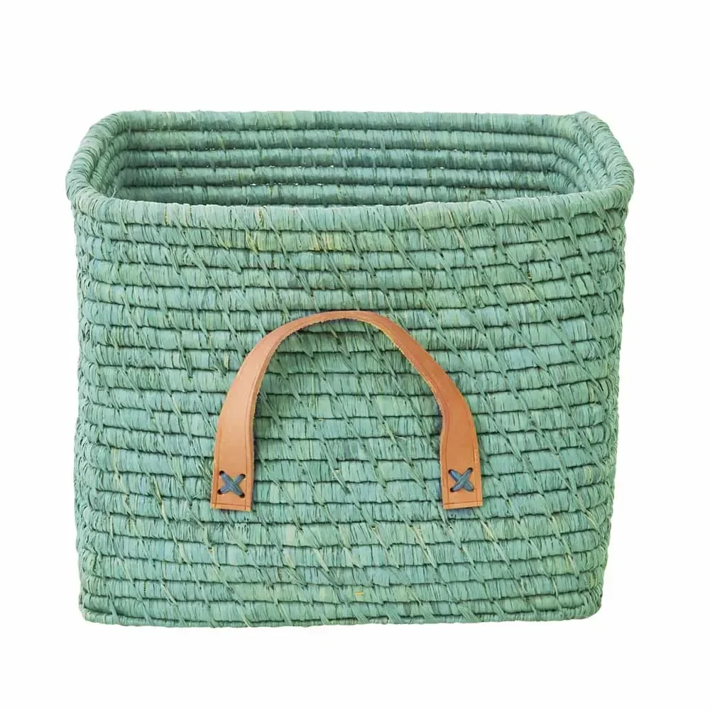 "Rice Panier en raphia poignées en cuir menthe 30 x 30 image"