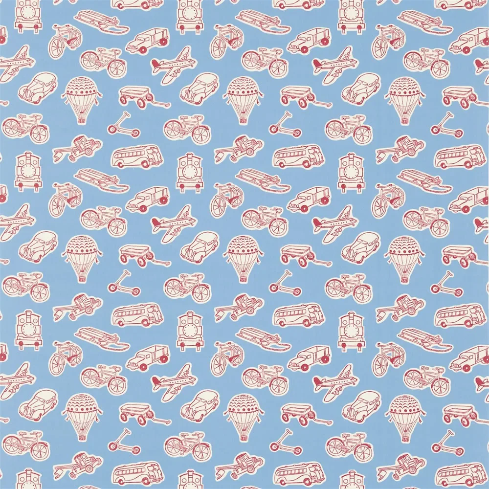 "Little Sanderson Abracazoo tissu à motifs ballons & véhicules bleu clair rouge image"