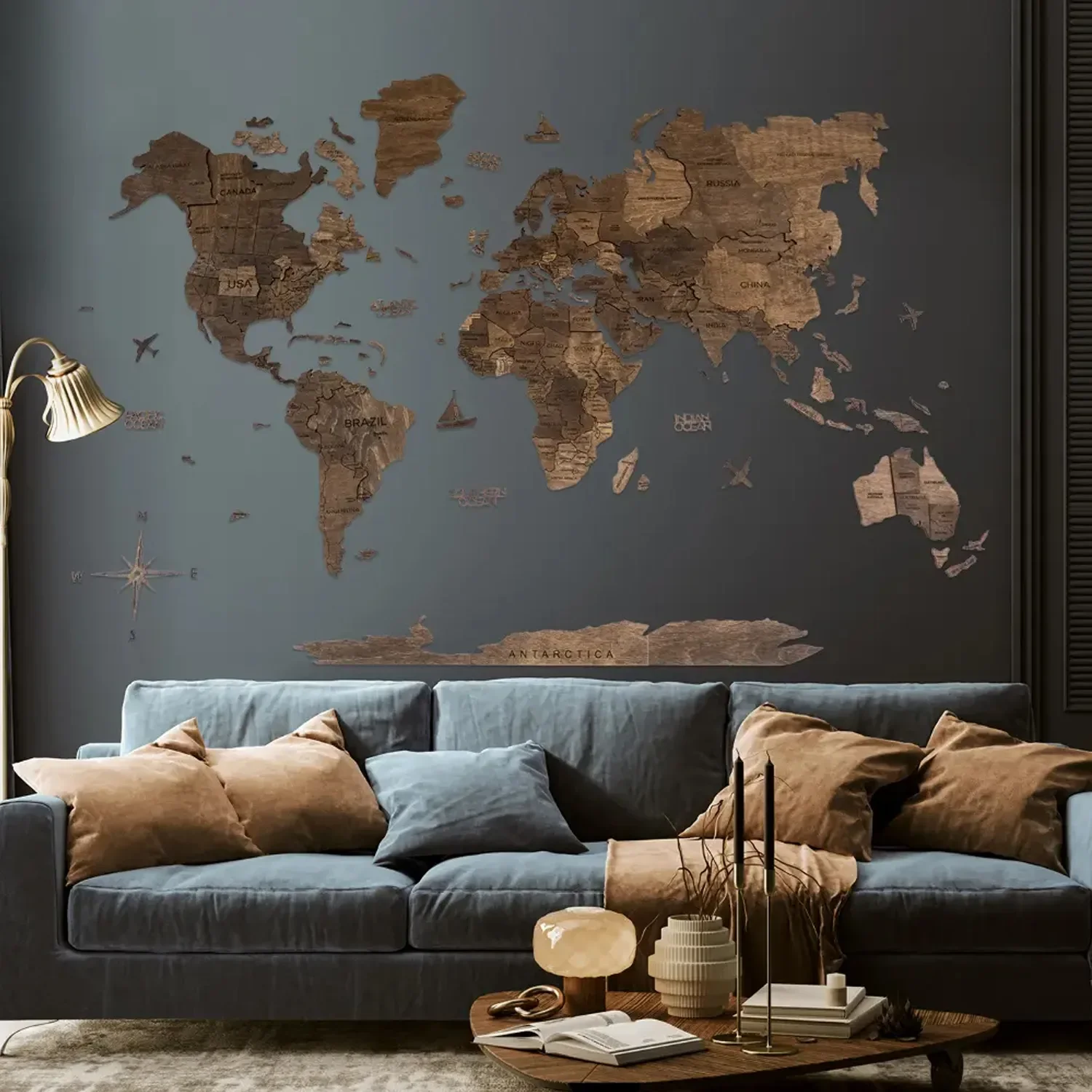"Carte du monde en bois, carte du monde, carte du monde décoration murale 3D - Enjoy The Wood, Noyer foncé Prime, Taille de la carte du monde: M image"