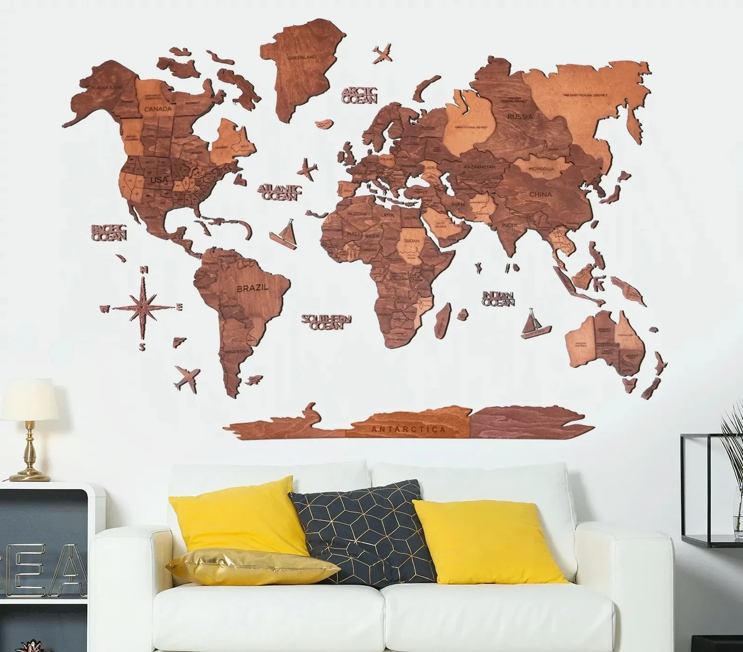 "Carte du monde en bois, Carte du monde, Décoration murale 3D - Enjoy The Wood, Chêne Prime, Taille de la carte du monde: L image"