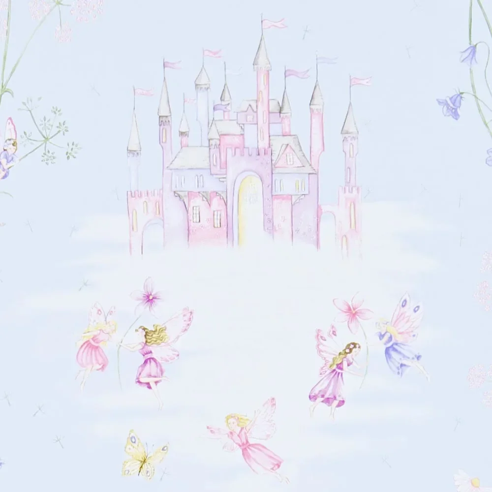"Little Sanderson Abracazoo papier peint château de conte de fées bleu clair violet rose image"