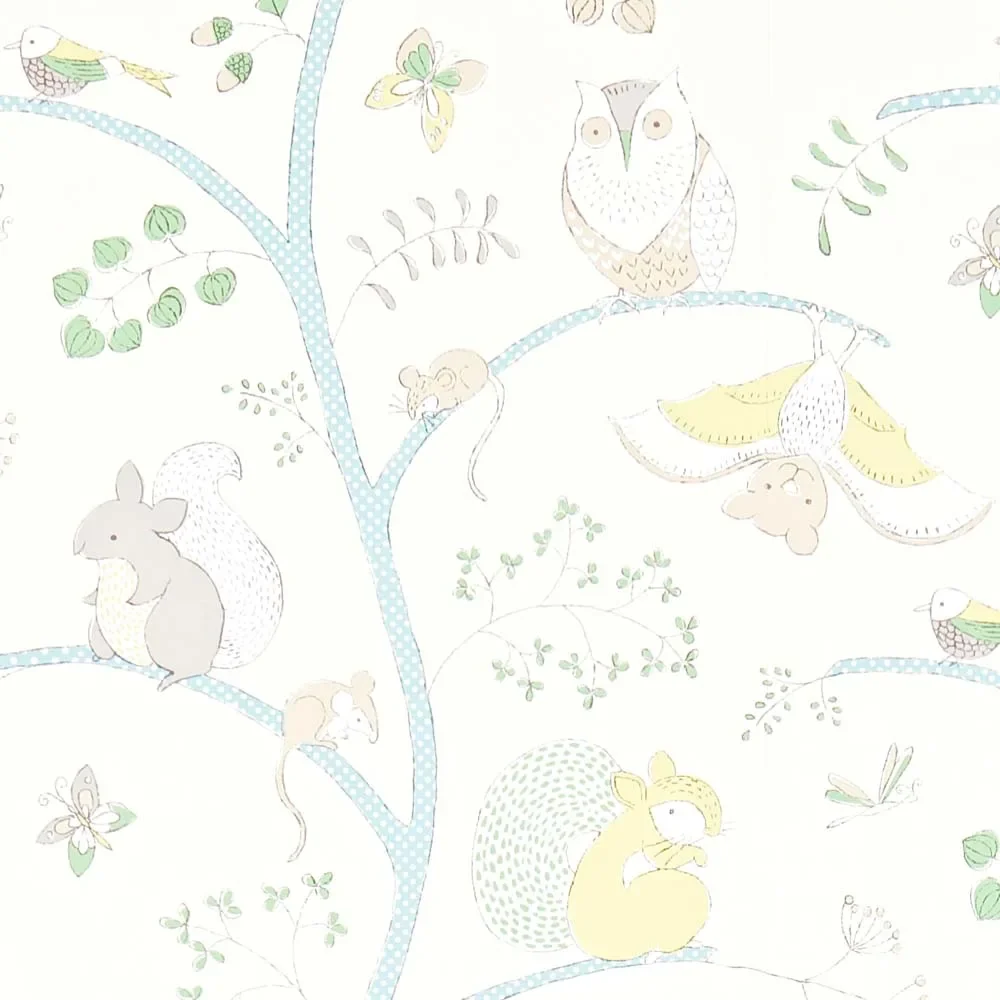 "Little Sanderson Abracazoo papier peint animaux arbre bleu clair crème image"