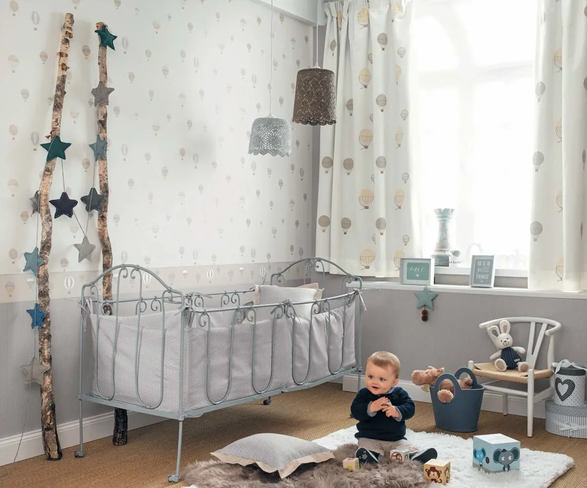 "Casadeco My Little World papier peint montgolfières marron gris bleu image"