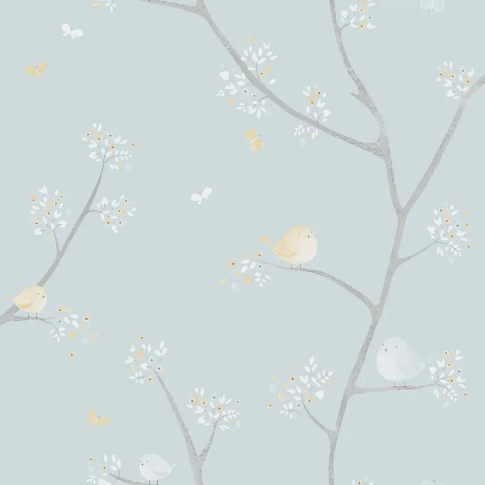 "Casadeco My Little World papier peint petits oiseaux bleu marron gris image"
