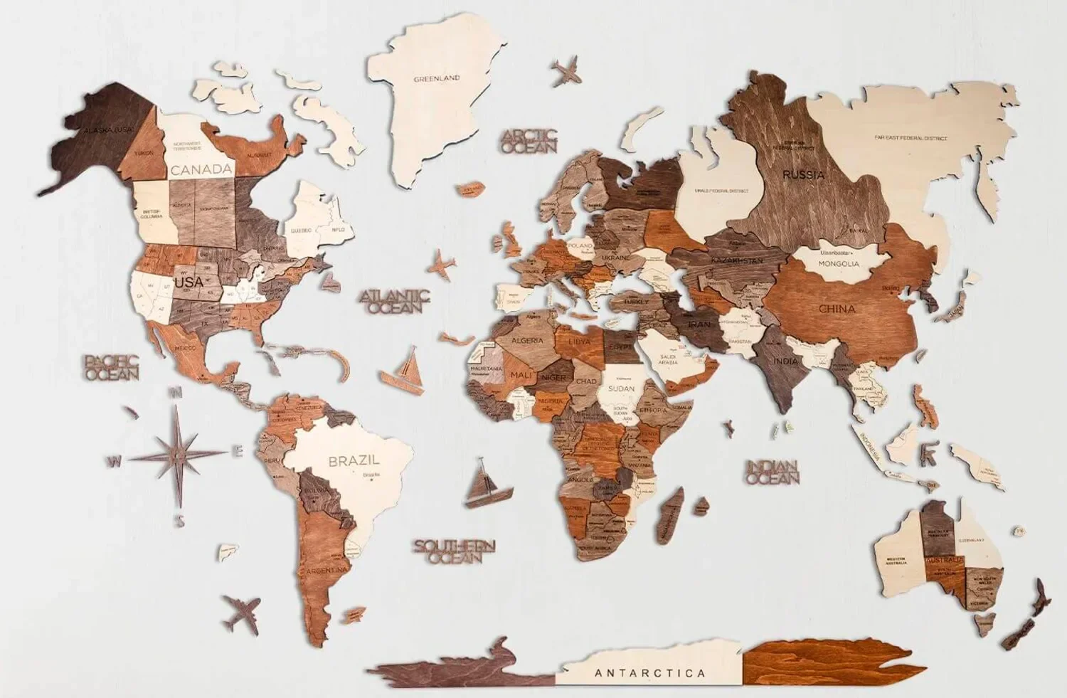 "Carte du monde en bois, carte du monde, carte du monde décoration murale 3D - Enjoy The Wood, Multicolor Prime, Taille de la carte du monde: Xl image"